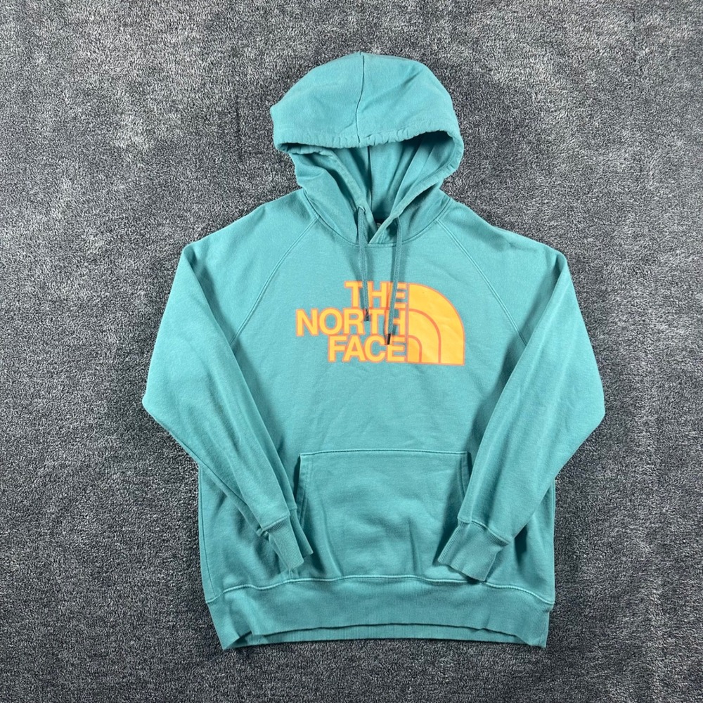 The North Face Hoodie Womens L Pullover Teal Blue Orange Logo Half Dome Graphic